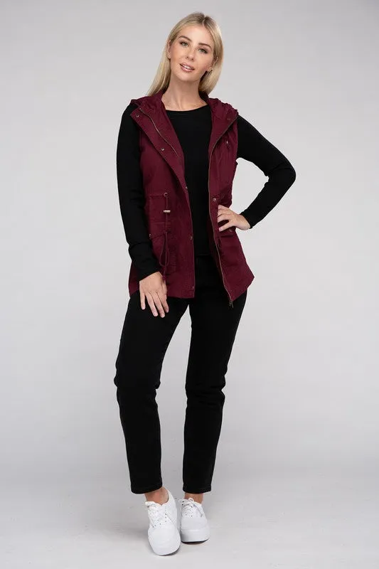ZENANA Drawstring Waist Military Hoodie Vest