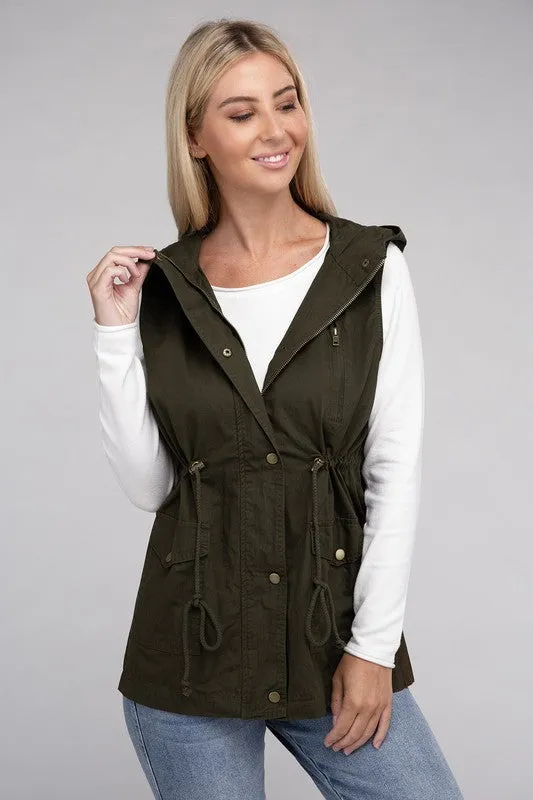 ZENANA Drawstring Waist Military Hoodie Vest
