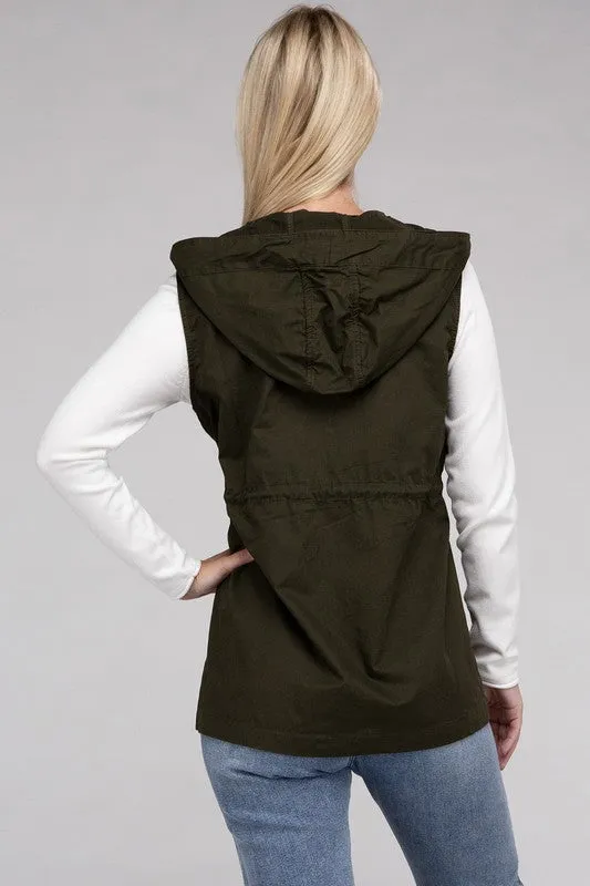 ZENANA Drawstring Waist Military Hoodie Vest