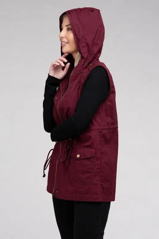 ZENANA Drawstring Waist Military Hoodie Vest