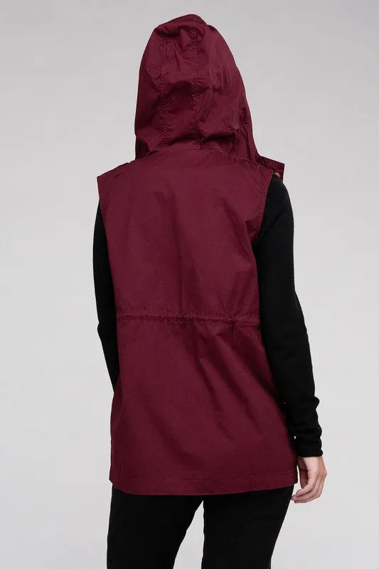 ZENANA Drawstring Waist Military Hoodie Vest